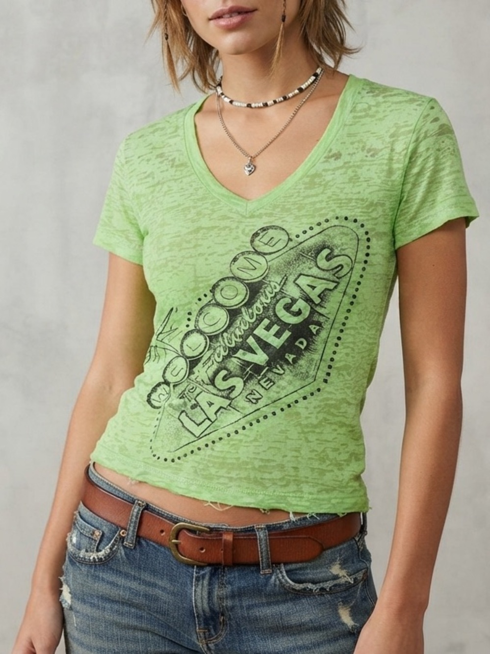 Y2K Green V-Neck Las‎ Vegas Graphic Short Sleeve Fitted Top T-shirt Size Large